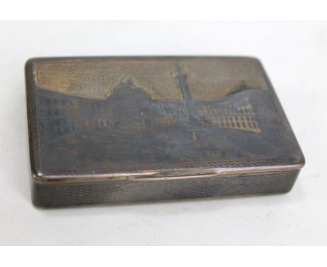 FEDOR MAXIMOV; a mid-19th century Russian silver niello decorated rectangular snuff box depicting the Palace Square in St Pet