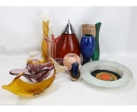 A quantity of decorative glass including studio examples, vases, shallow bowl, pendant light shade, etc.
