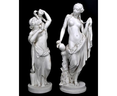 Two Parian ware bisque figures of semi-nude females, one with child on her shoulder, height 39.5cm, the other holding a ewer,