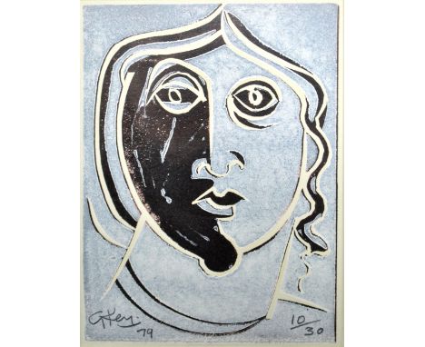 GEOFFREY KEY (born 1941); a signed limited edition lithograph, face study, signed and dated 79, 10/30, 18 x 12.5cm, framed an