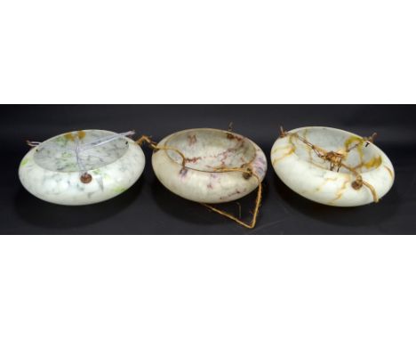 Three 1940s/50s mottled glazed pendant light fittings, largest diameter 35cm.