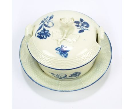 An 18th century Worcester porcelain 'Gilly Flower' pattern circular butter dish with cover and saucer, with mould wicker bask