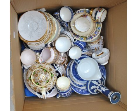 A mixed group of ceramics including Tuscan China teacups and saucers, transfer decorated blue and white ware, Adams jasper wa