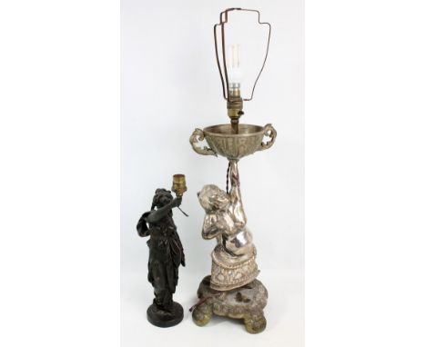 AFTER MACHAULT; a bronzed figural table lamp, height 34cm, and a Japanese figural table lamp, height approx 48cm (2).