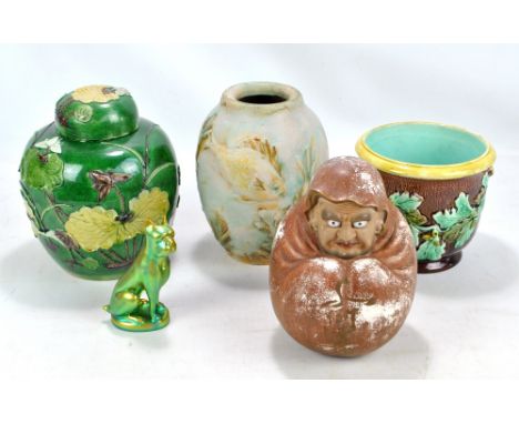 A small group of ceramics comprising Zsolnay lustre glazed boxer, Denby fish motif vase, majolica planter, lidded ginger jar 