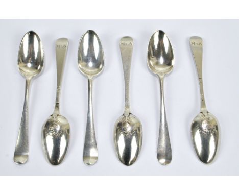 A set of six George III hallmarked silver Hanoverian pattern picture back tea spoons, cast decorated with a bird perched on c