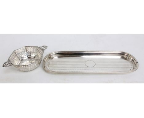 MAPPIN & WEBB; a George V hallmarked silver candle snuffer/pen tray with engine turned linear decoration and vacant circular 