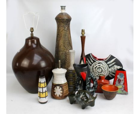 A group of mainly mid to late 20th century Continental ceramics including a Portanier abstract design vase, three lamp bases,