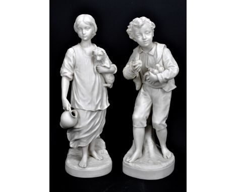 Two Copeland Parian ware figures of a girl and boy, the former titled 'Cottage Girl', both with impressed L.A. Malempré signa