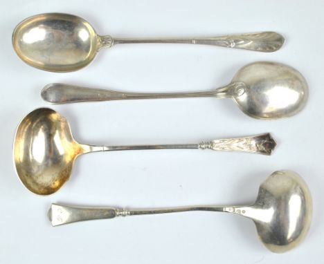 A FLERON; a pair of late 19th century Danish silver sauce ladle with cast decorated finials, Copenhagen 1896, length 19cm, an