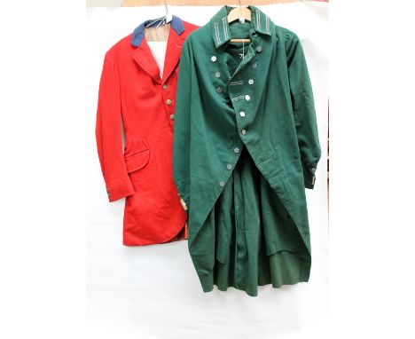 A hunting outfit comprising red jacket with buttons stamped 'Eglinton Hunt' and cream trousers, also a green coatee/jacket wi