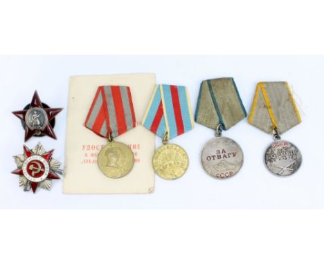 Six Soviet medals including Order of the Red Star (number 366445), Order of the Patriotic War (number 5883803), For Courage, 