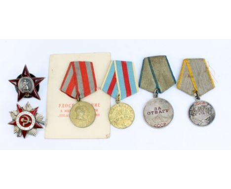 Six Soviet medals including Order of the Red Star (number 366445), Order of the Patriotic War (number 5883803), For Courage, 