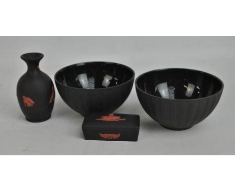A Wedgwood black basalt 'Egyptian' series vase and trinket dish, height of vase approx 11.5cm, and two further 'Night and Day