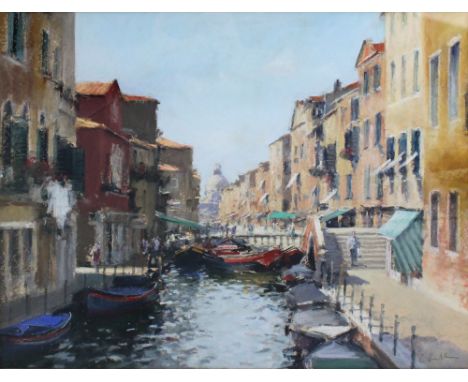 ROBERT 'BOB' RICHARDSON (born 1938); pastel, Venetian canal scene with boats and figures, signed lower right, 39 x 49cm, fram