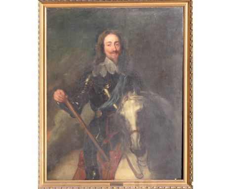 SCHOOL OF SIR ANTHONY VAN DYCK (1599-1641); large oil on canvas, portrait study of Charles I on horseback, unsigned, inscribe