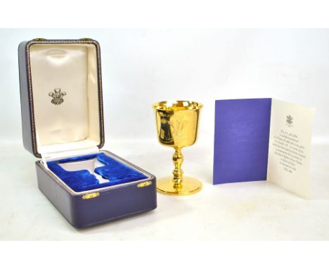PRESTONS LTD; An 18ct yellow gold limited edition of 250 reproduction Charles II wine goblet commemorating the investiture of
