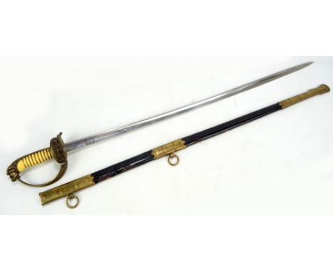 A Kriegsmarine officer's dress sword with wirework ribbed grip, lion head pommel, hinged anchor set knuckle guard, plain blad