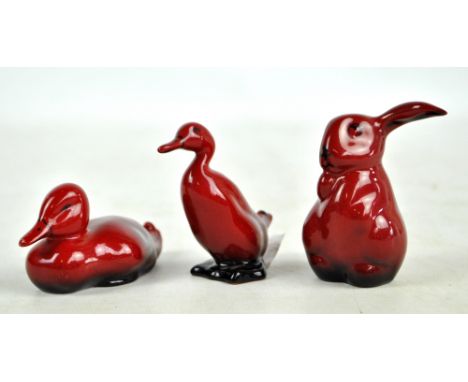 Three small Royal Doulton flambé figures of a rabbit and two ducks, height of rabbit 7cm (3). CONDITION REPORT: Rabbit with s