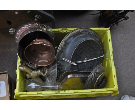 A mixed group of metalware including oil lamp, candlesticks, trays, model planes, brass tap etc.