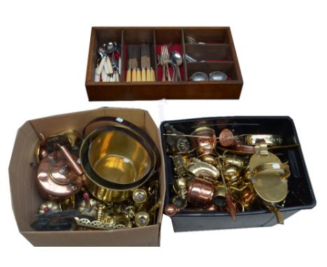 A large quantity of brass to include a water can, two Eastern vases, a kettle, horse brasses and a twin branch wall mounted c