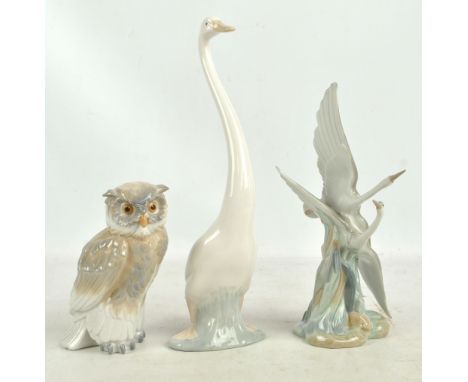 Three Nao figures of birds to include an owl and a goose (3).