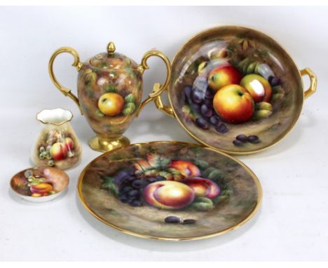 A Royal Worcester conical vase with flared rim, decorated with apples and grapes, height 8.5cm, and a circular pin dish, also