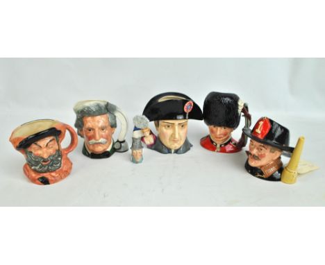 Five Royal Doulton character jugs; D6755 'The Guardsman', D6697 'The Fireman', D6611 'North American Indian', D6654 'Mark Twa