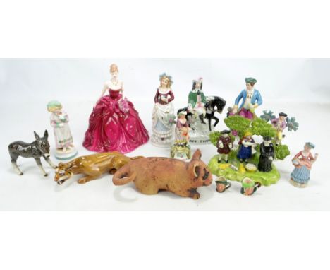 A group of various ceramic figures to include a Royal Doulton figure of crouching tiger (af), a Coalport 'Grand Final' limite