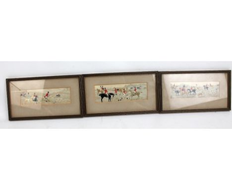 A set of three 19th century Stevengraphs depicting hunting scenes, 'Full Cry', 'The Death' and 'The Meet', framed and glazed 