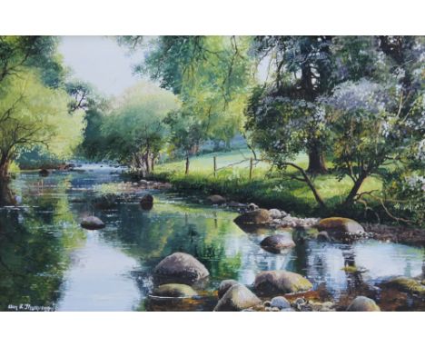 ALAN K THOMPSON; oil on panel, countryside stream with trees and stones, signed to lower left, 12.5 x 18.5cm, framed.