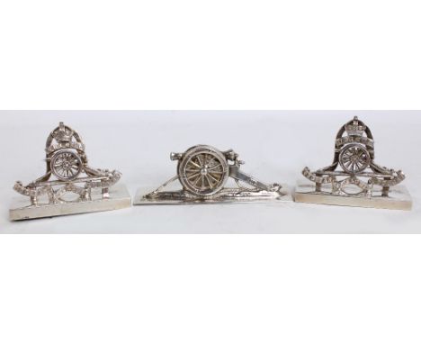 GREY & CO; a pair of George V hallmarked silver loaded Royal Artillery menu/card holders, Chester 1928, width 7cm, and anothe