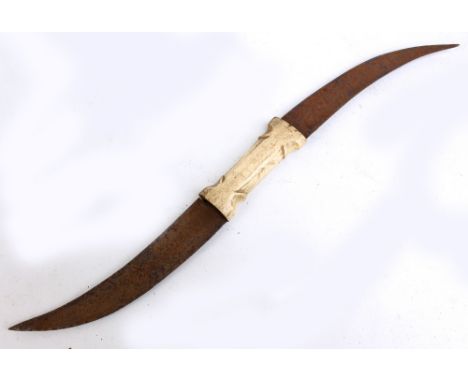 A Sudanese haladie with engraved script to the blades and carved bone grip, each blade with leather scabbard, length total ap