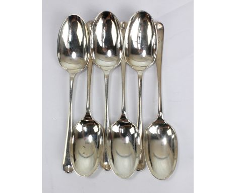 COOPER BROS & SONS LTD; a set of six George V hallmarked silver Hanoverian pattern rat tail table spoons, each initialled C t