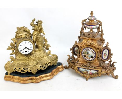 A 19th century French gilt mantel clock decorated with garlands, with porcelain urn above circular hand painted dial set with