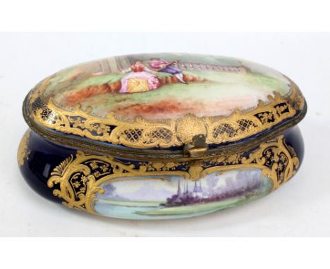 A circa 1900 Sèvres porcelain gilt heightened hand painted oval casket, with hinged lid internally painted with floral sprays