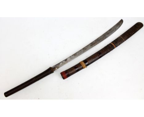 An Asian dha with curved blade and wire wrapped grip with wooden scabbard, blade length approx 52cm. CONDITION REPORT: Condit