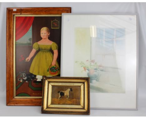 A 19th century naive oil on canvas depicting a horse, illegibly signed to lower right, 14 x 22cm, also oil on panel, girl wit