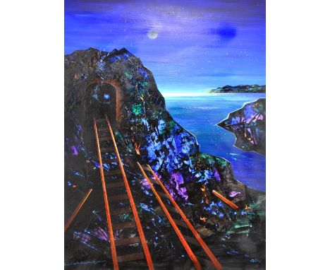 DAVID WILDE (1918-1978); oil on card, 'Buoyant Spirits of The Obsolete Miner's Line', signed and titled, 77 x 56cm, unframed.