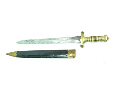 A gladius with brass crossguard numbered 375 and ribbed grip, blade length approx 49cm, in metal mounted leather scabbard wit