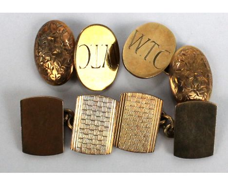 Two pairs of 9ct yellow gold cufflinks, one with engine turned decoration, the other with engraved foliate motifs and initial