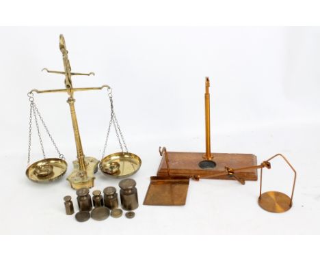 Two sets of scales with one stamped for GPO De Grave Short & Co Ltd with four 1/2oz to 4oz weights (two stamped GPO) and furt