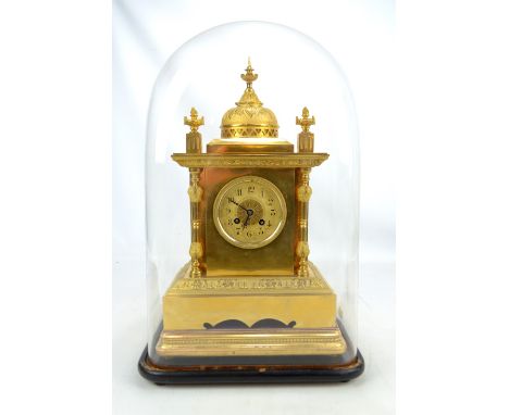 A late 19th century gilt metal mantel clock of architectural form, with Japy Frères eight day striking movement, and brass di