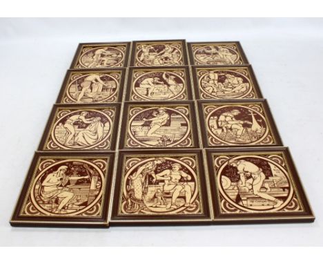 A set of twelve framed Mintons tiles, each depicting a manual skill to include 'The Dyer', 'The Painter' and 'The Carpenter',