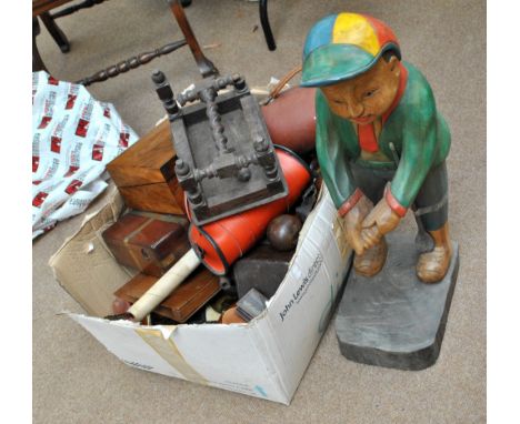 A mixed lot of collectors' items including biscuit moulds, boxes, hip flasks, glass rolling pin, Victorian photograph portrai