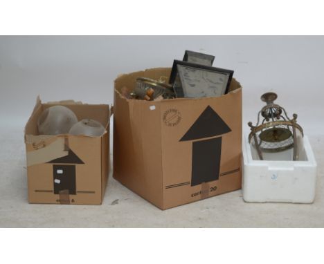 A brass hanging light fitting, further brass light fittings, glass shades, fitments, etc (3 boxes).