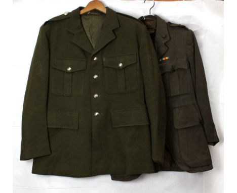 A light infantry officer's dress jacket with ribbon bar and another larger example with internal label stating military issue