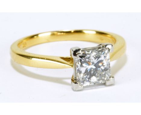 An 18ct yellow gold and diamond solitaire ring, the princess cut stone weighing approx 1.25ct in claw setting, size M, approx