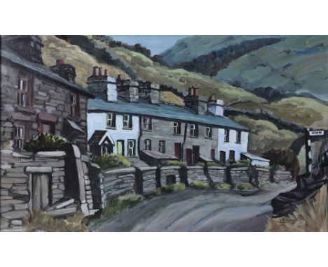 R. BURROWS; oil on board, a scene of Cwm Village, Wales, with cottages to foreground and hills to background, signed lower ri