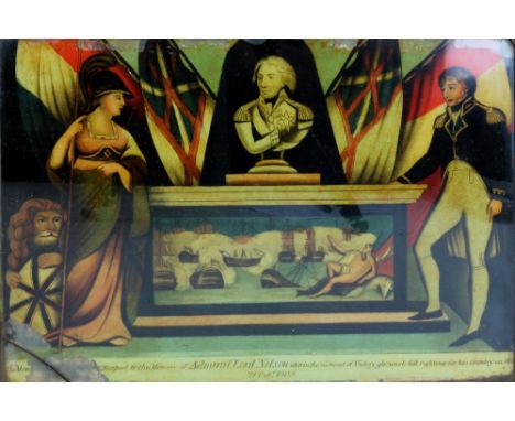 An early 19th century reverse print on glass commemorating the death of Admiral Lord Nelson, 25 x 34.5cm, framed (af). CONDIT